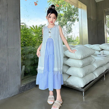 5-14Years Old Girls Dress Children Summer Sweet Beach Holiday Gown Kids Dresses Teenager Sleeveless Clothing Sets - Mom & Kids