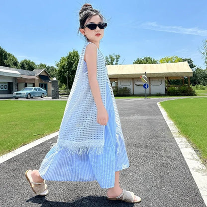5-14Years Old Girls Dress Children Summer Sweet Beach Holiday Gown Kids Dresses Teenager Sleeveless Clothing Sets - Mom & Kids