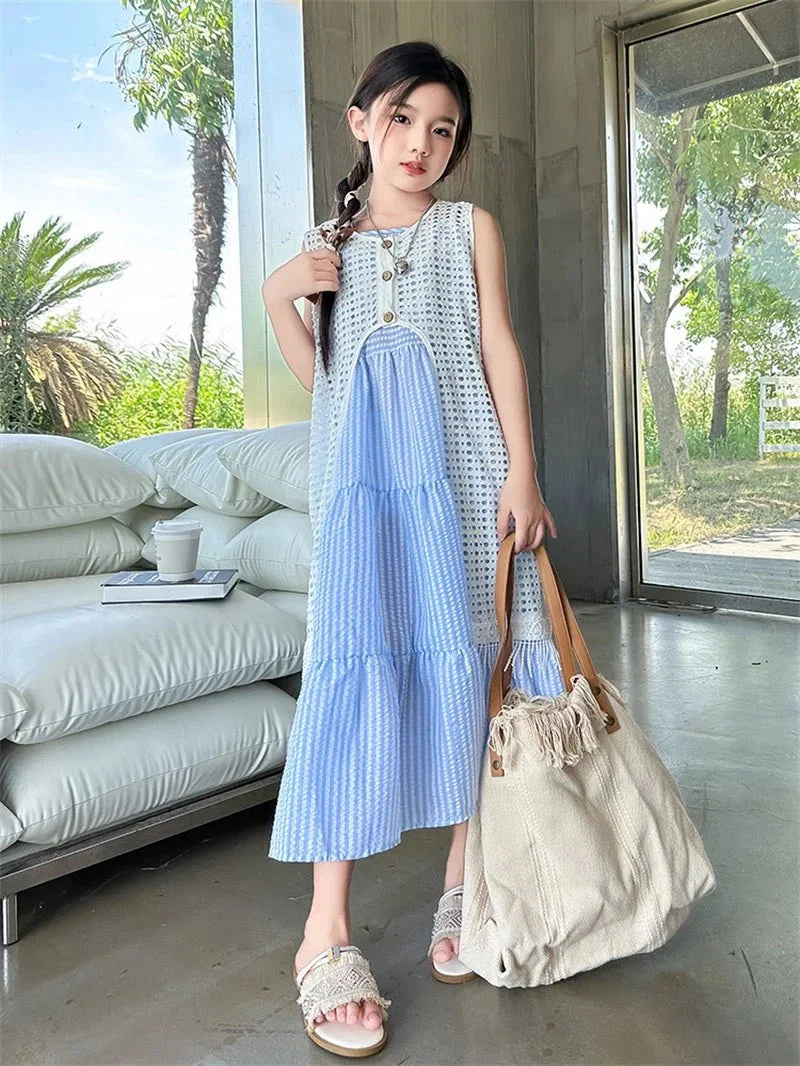 5-14Years Old Girls Dress Children Summer Sweet Beach Holiday Gown Kids Dresses Teenager Sleeveless Clothing Sets - Mom & Kids