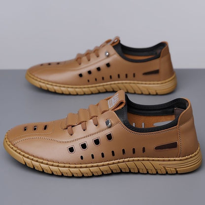 Hollow Breathable White Shoes Hole Shoes Soft Bottom Men Slip-on Leather Sandals