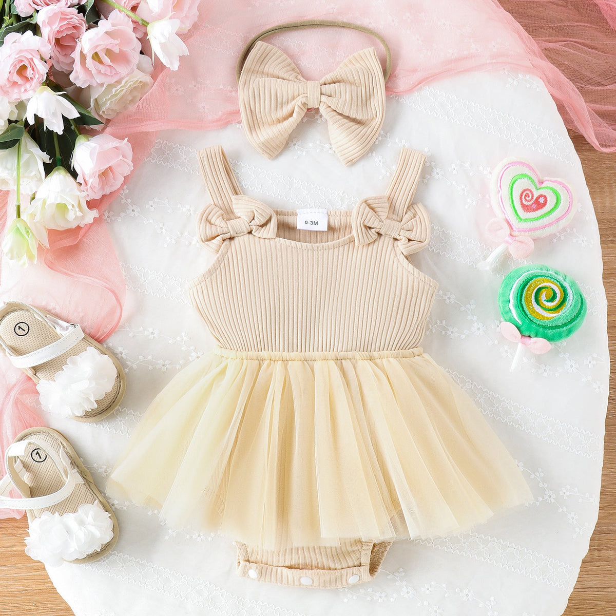 Baby Girl Cotton Romper Dress with matching bow headband