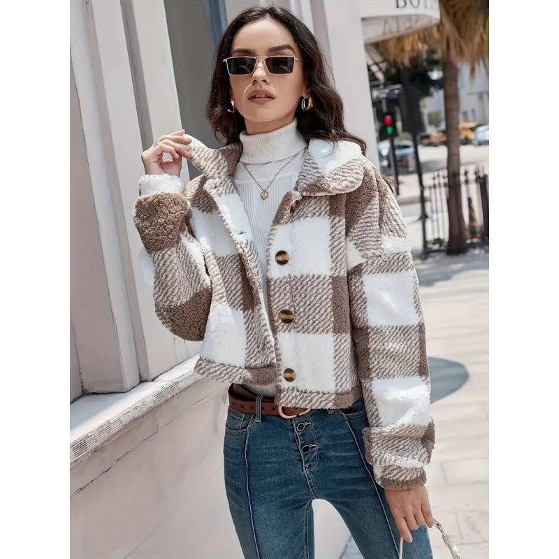 Plaid Pattern Plush Button Cardigan Casual Warm Coat