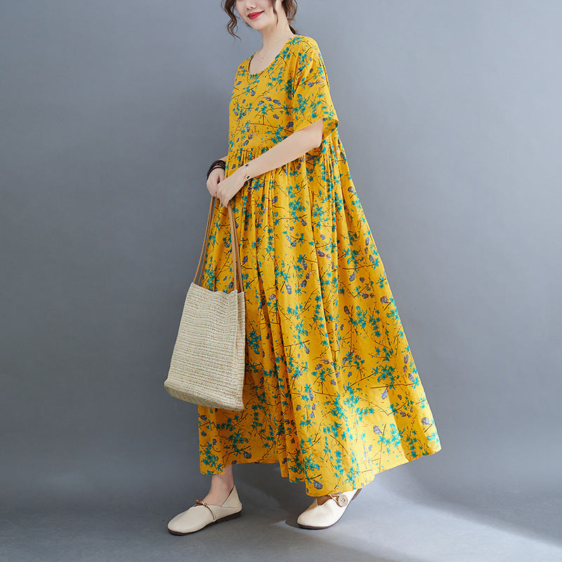 Artistic Large Size Loose Plump Girls Cotton And Linen Printed Short-sleeved Dress Women's Clothing