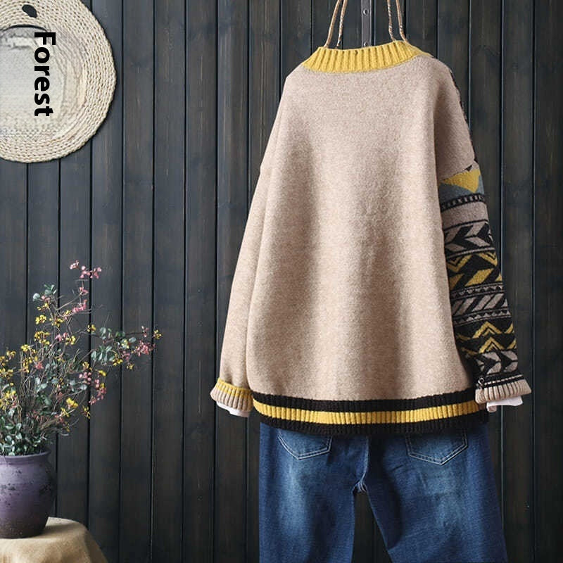 Color Matching Large Pocket Buckle Outer Match Knitted Cardigan Sweater