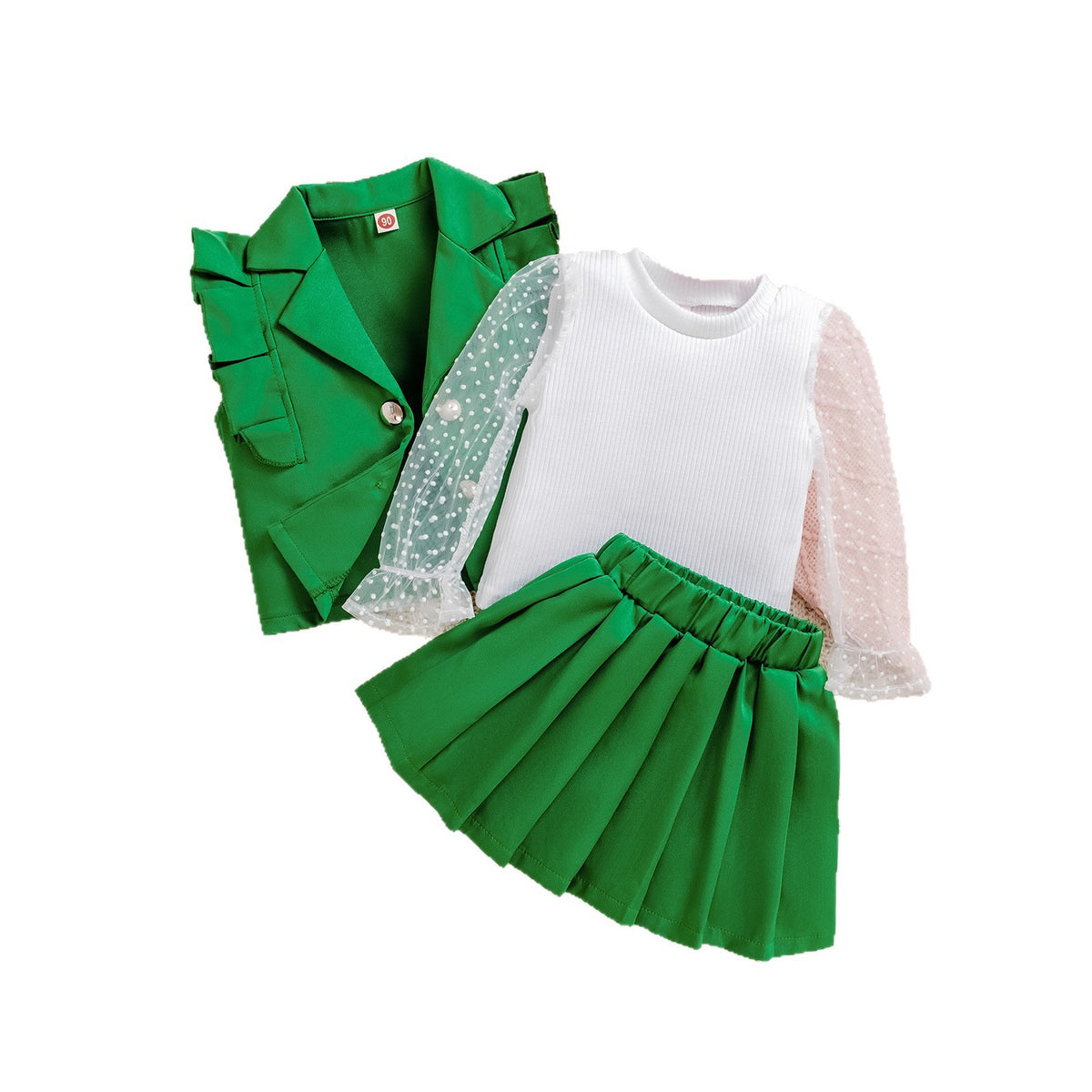 Polka Dot Mesh Sleeve Top Pleated Skirt Sweet Temperament