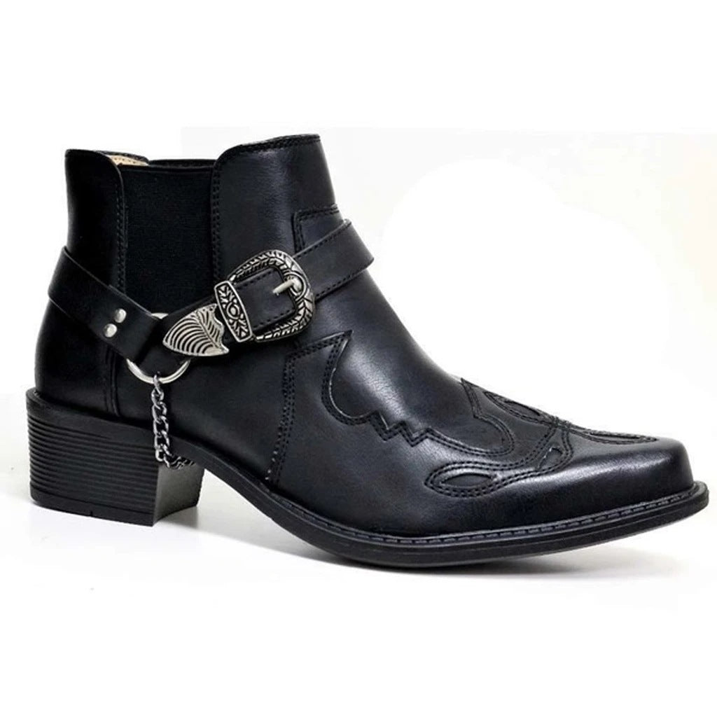 Fashion Personality Belt Buckle Thick Heel Pointed Men's Boots (Available)
