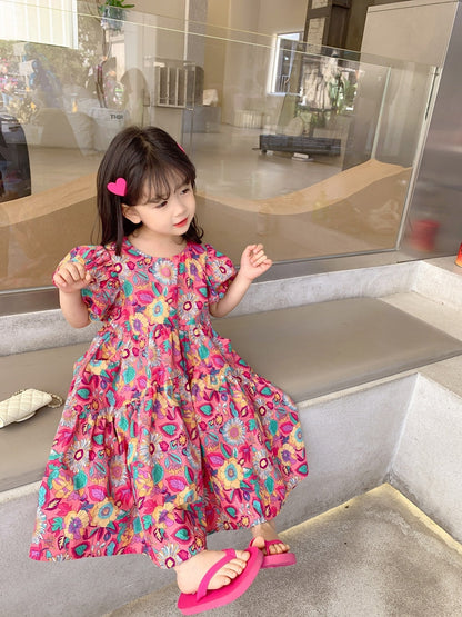Girls' Floral Dress Short Sleeve Children's Western Style Baby