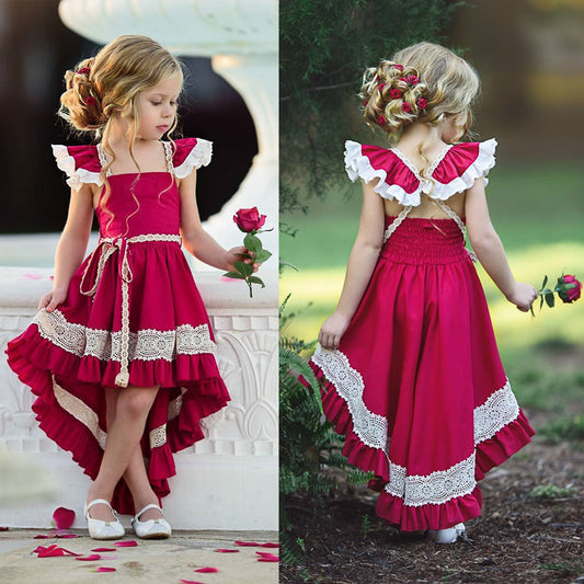 Lace child small flying sleeves short short long dovetail dress