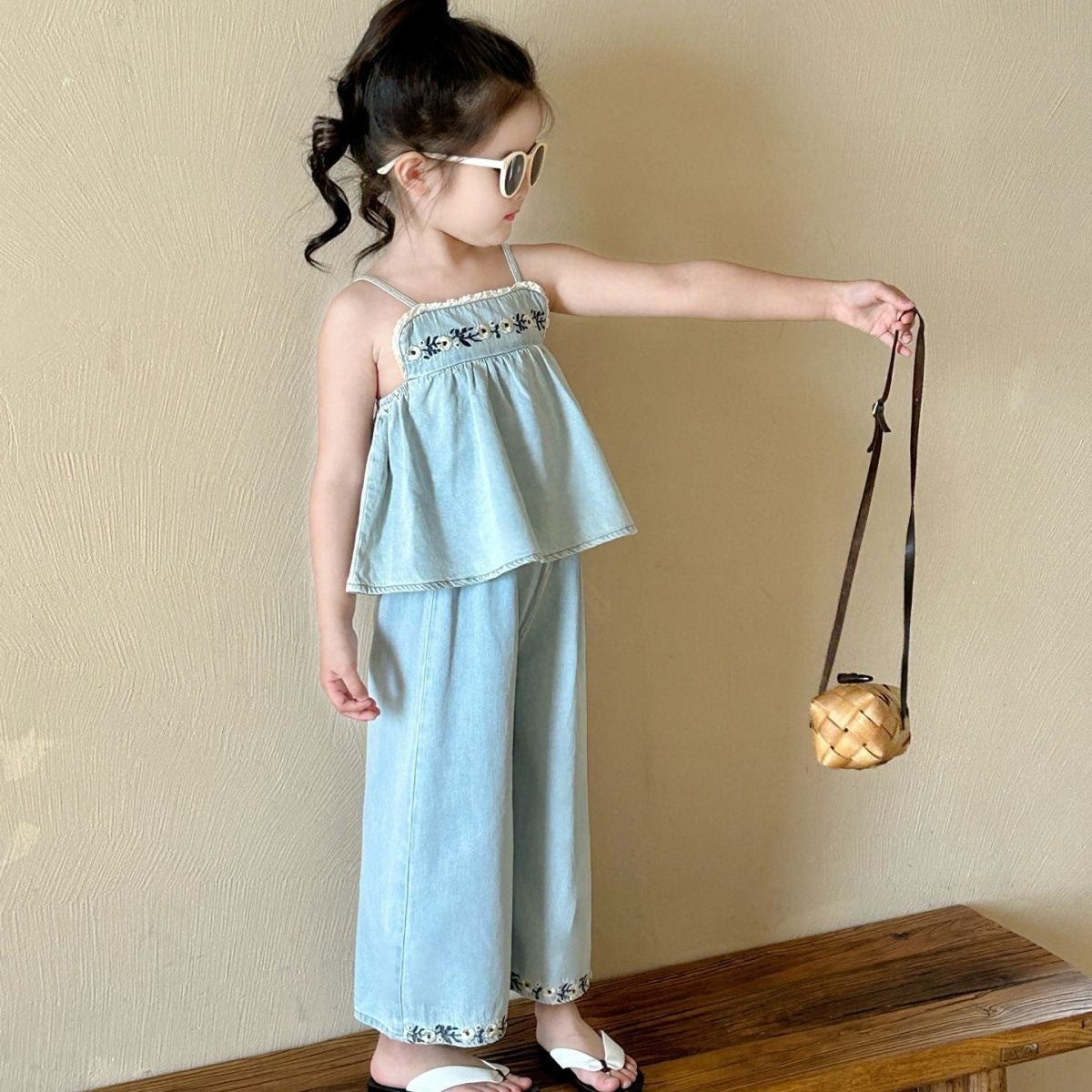 Girls Denim Pants Set Bangladesh Embroidered Vest - Small China Town