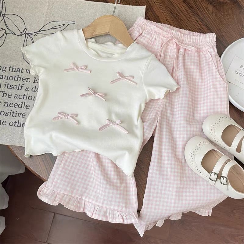 Sweet Plaid Flared Wide Leg Pants Ruffled Two-piece Set (Available))