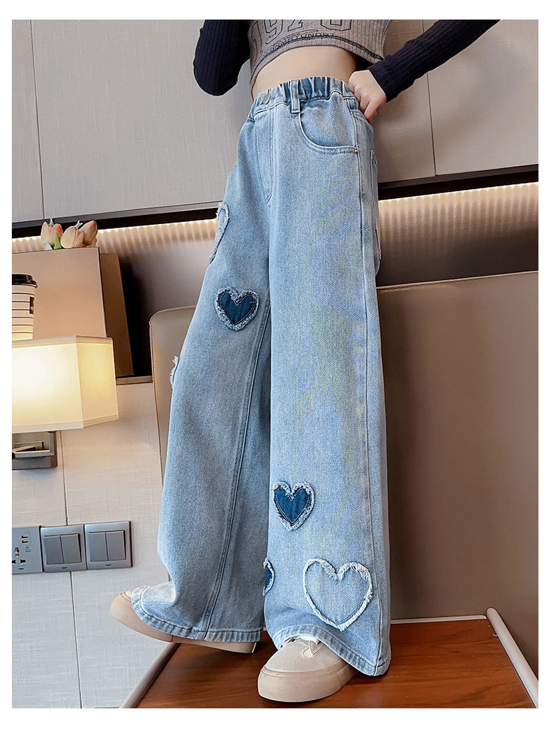 Girls' Love Raw Edge Denim Wide-leg Pants (Available)