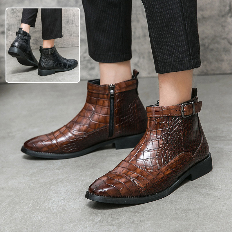 Men's Crocodile Pattern Boots Fashion Pointed Toe Low Square Heel Buckle Zipper Ankle Boots Business Formal Leather Shoes ( Available )