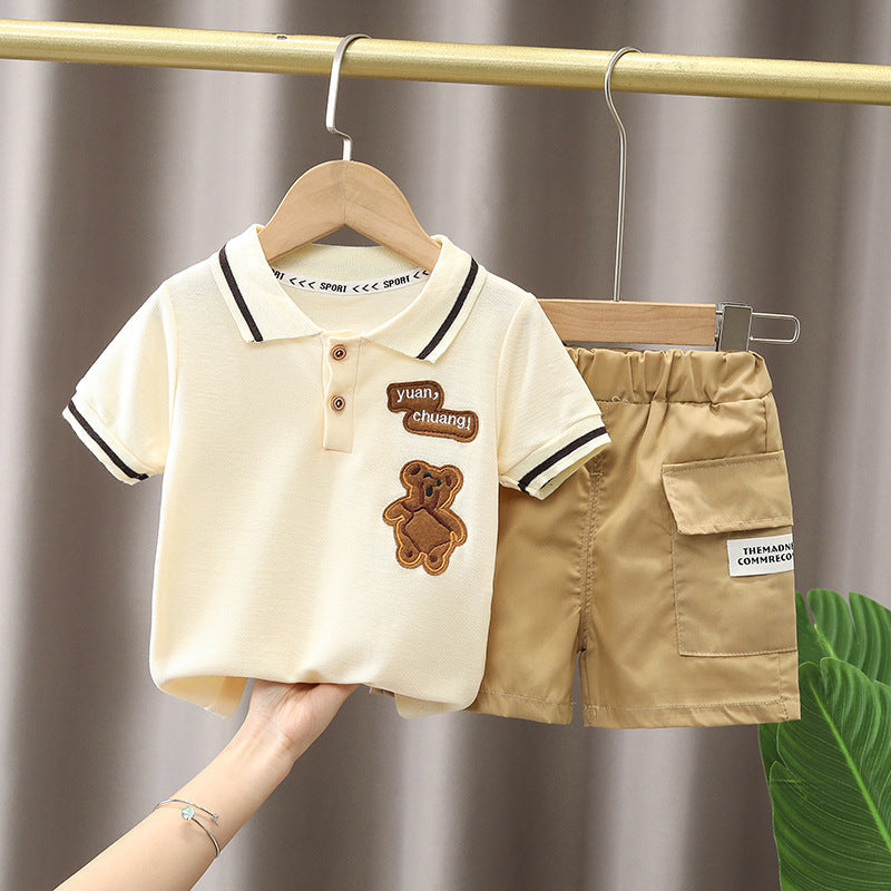 Boys Cartoon Summer Suit Set with short sleeve cartoon shirt and matching shorts for comfortable summer wear and everyday activities