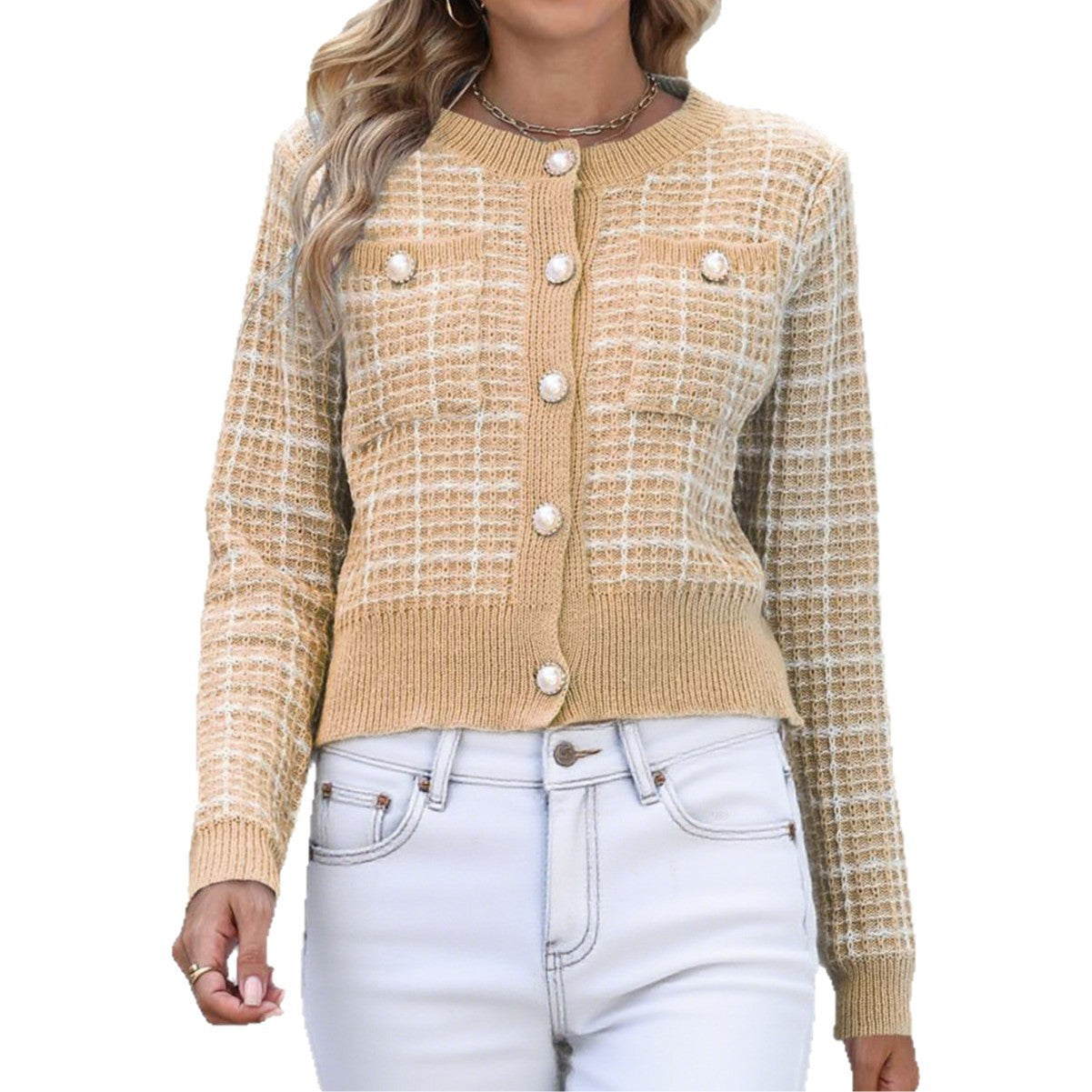 Female Classic Style Temperament Coat Pearl Buckle Fashion Sweater Female