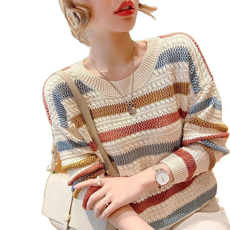Loose Short Hollow Color Striped Sweater