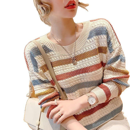 Loose Short Hollow Color Striped Sweater