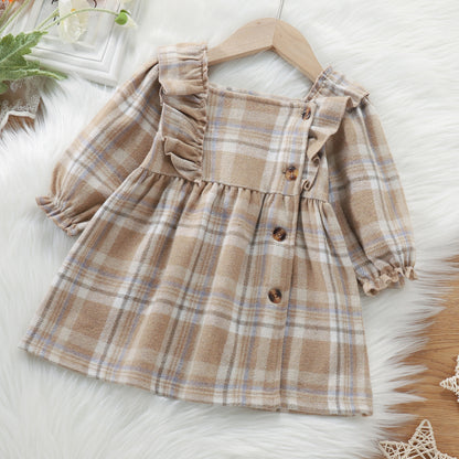 Plaid Ruffled Long Sleeved Girls Autumn Dress