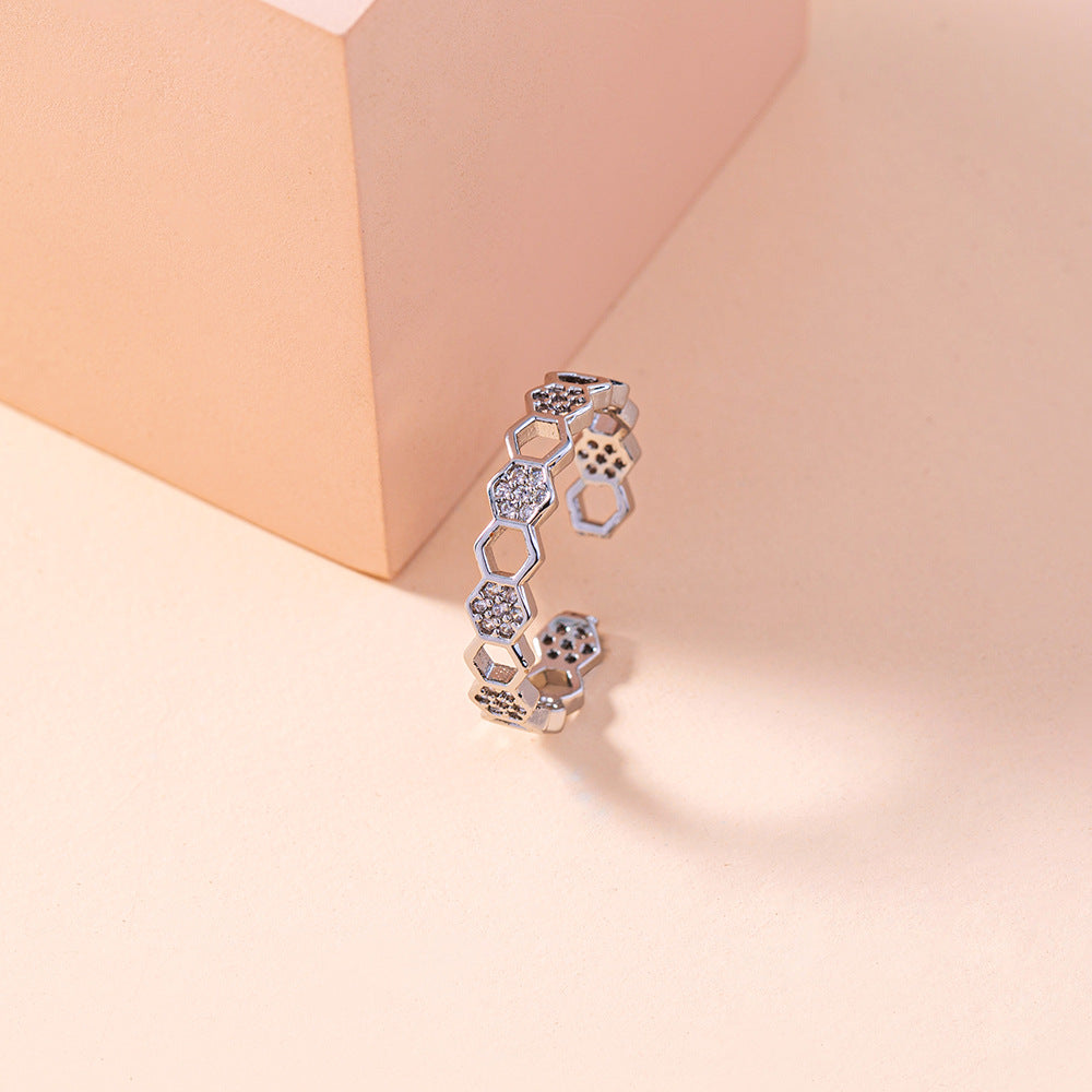 European and American cross-border rings Fashion personality opening adjustable micro-inlaid zircon honeycomb ring jewelry ring accessories