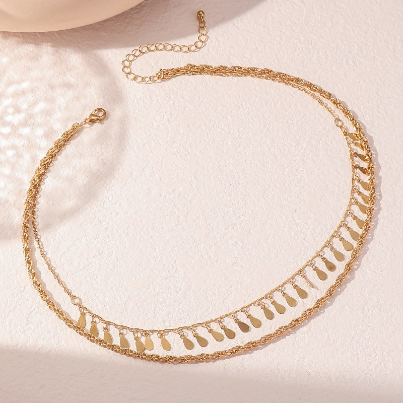 Multi-layer Braided Chain Disc Droplet-shaped Tassel Necklace