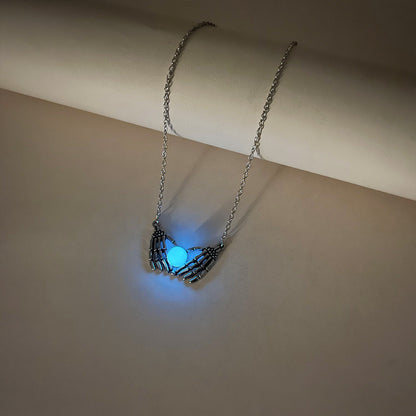 Fashion Halloween Skull Palm Heart Pendant Luminous Necklace For Women Glowing Jewelry Rope Chain Choker Party Statement Gift  (Available)