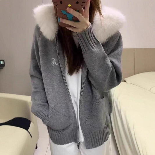 Fur Collar Hooded Knit Cardigan Women