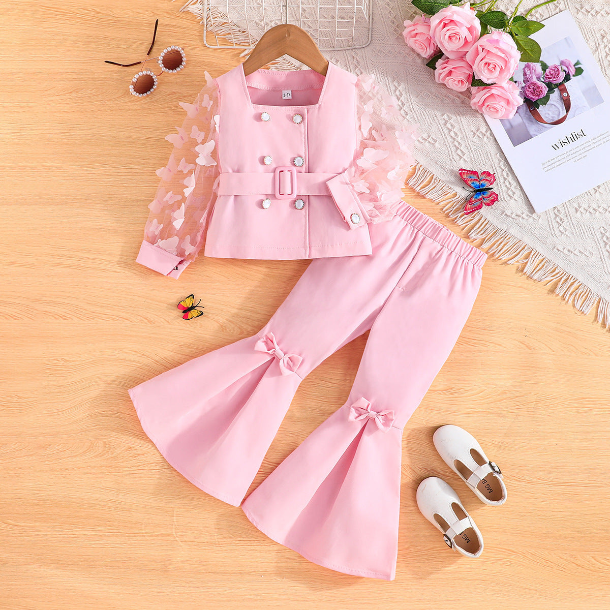Girls' Mesh Sleeve Top Bell-bottom Pants Suit  ( Available )