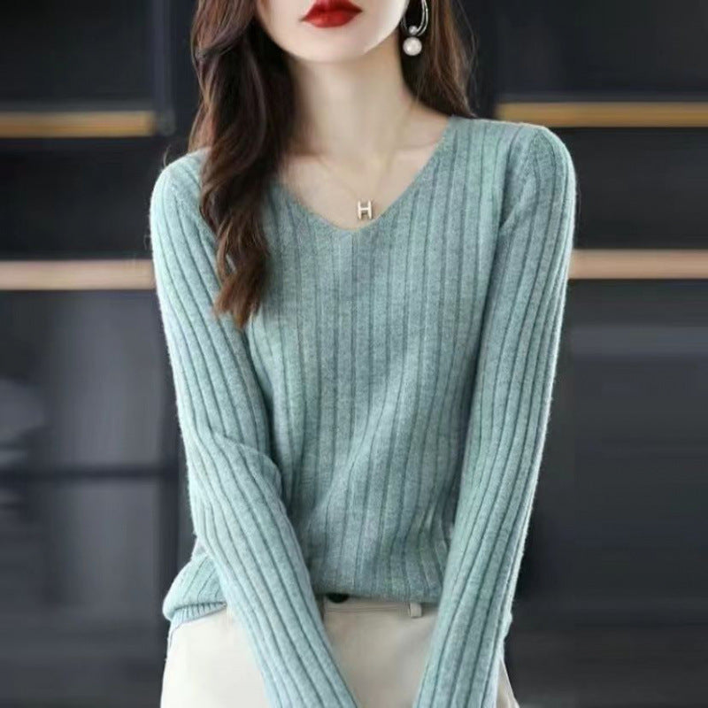 Slim V-neck Pullover Long Sleeve Knitted Sweater