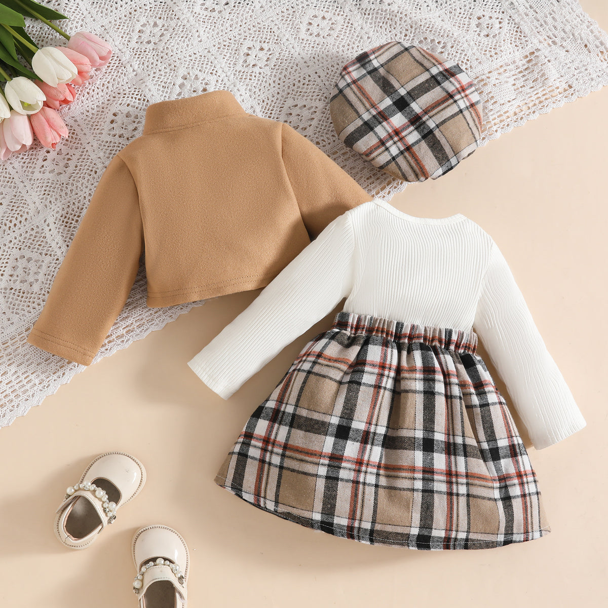 Baby Girl Long Sleeve Stand Collar Wool Coat Plaid Dress Beret Set