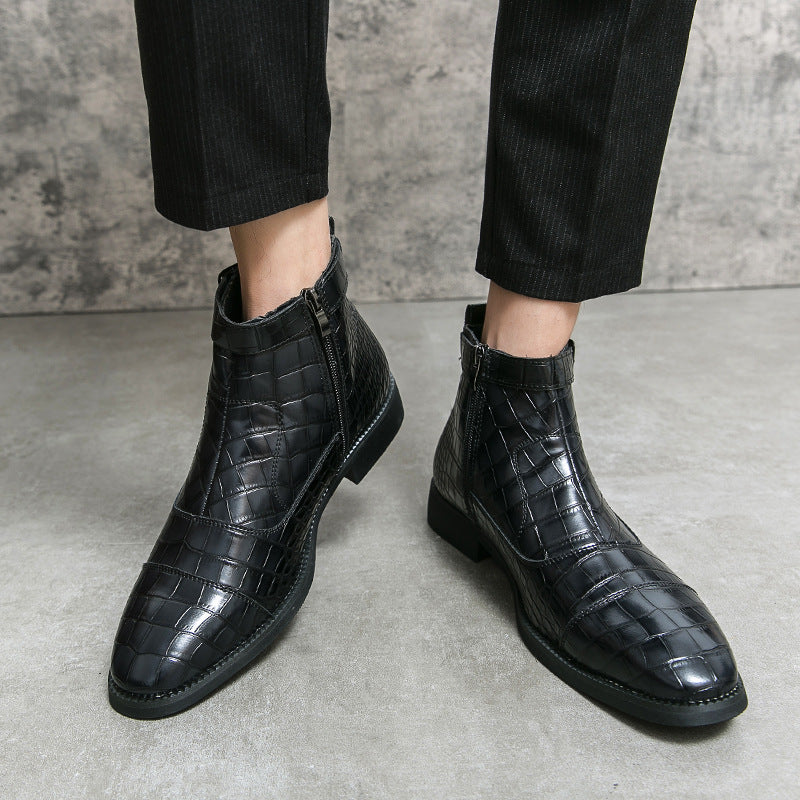 Men's Crocodile Pattern Boots Fashion Pointed Toe Low Square Heel Buckle Zipper Ankle Boots Business Formal Leather Shoes ( Available )