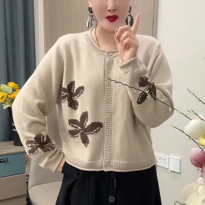 Stylish Knit Winter Fashion Lazy Retro Floral Round Neck Cotton Top