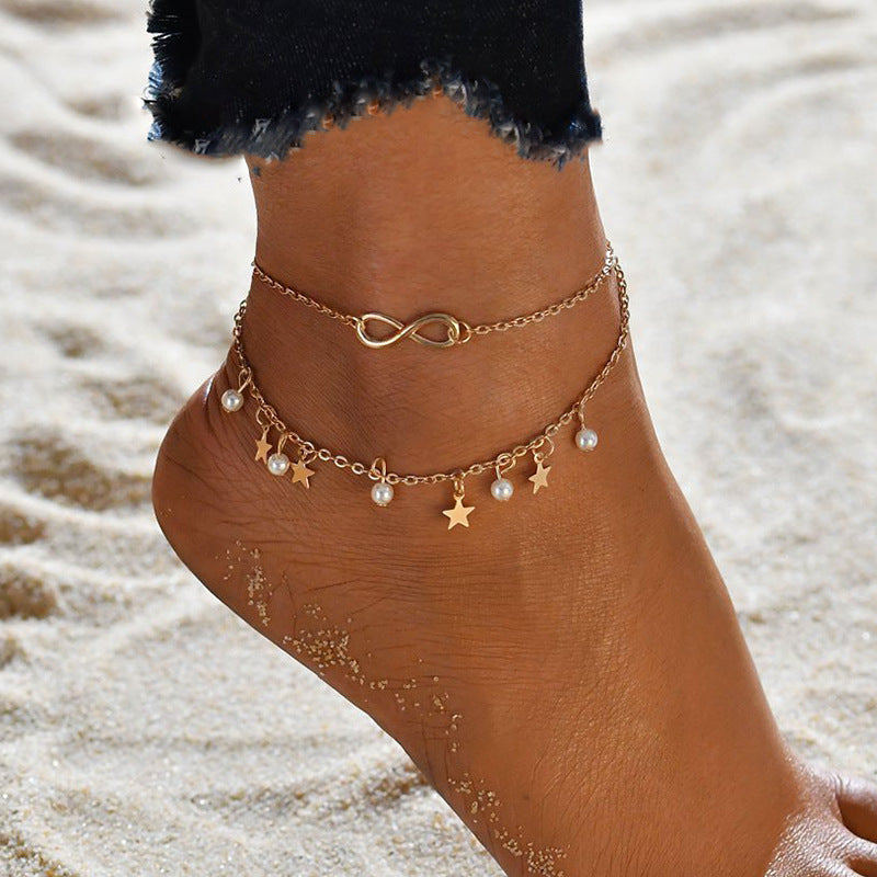 Five-pointed star pearl 8 word anklet (Available)