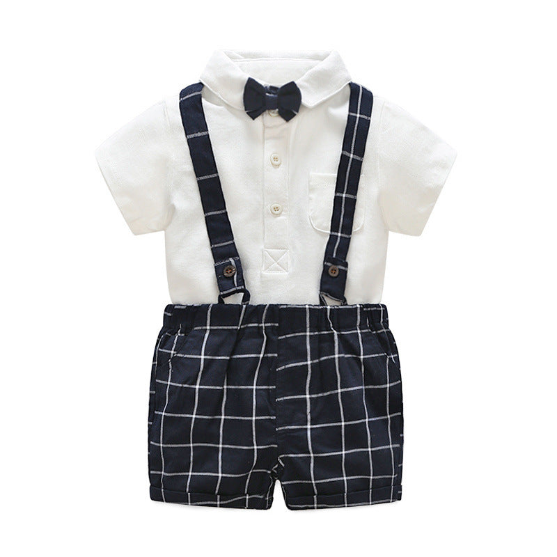 Children's Short-sleeved Knitted One-piece Romper Sheath Romper Plaid Suspender Pants (Available)