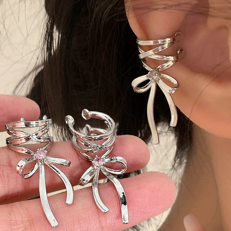 Ribbon bow ear cuff with a non-piercing ballet-inspired design for women, lightweight fashion jewelry for everyday wear and parties