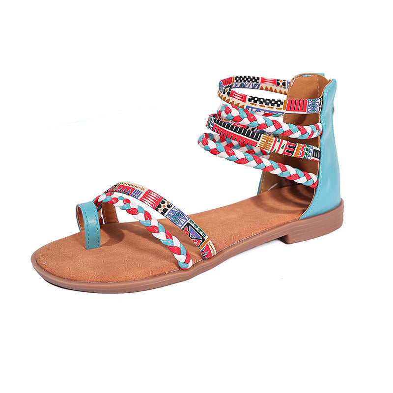 Ethnic Style Colorful Stitching Large Size Flat Bottom Sandals (Available)