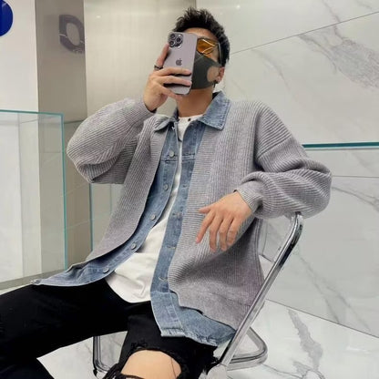 Men's Knitted Cardigan Coat Fake Two-piece Color Matching