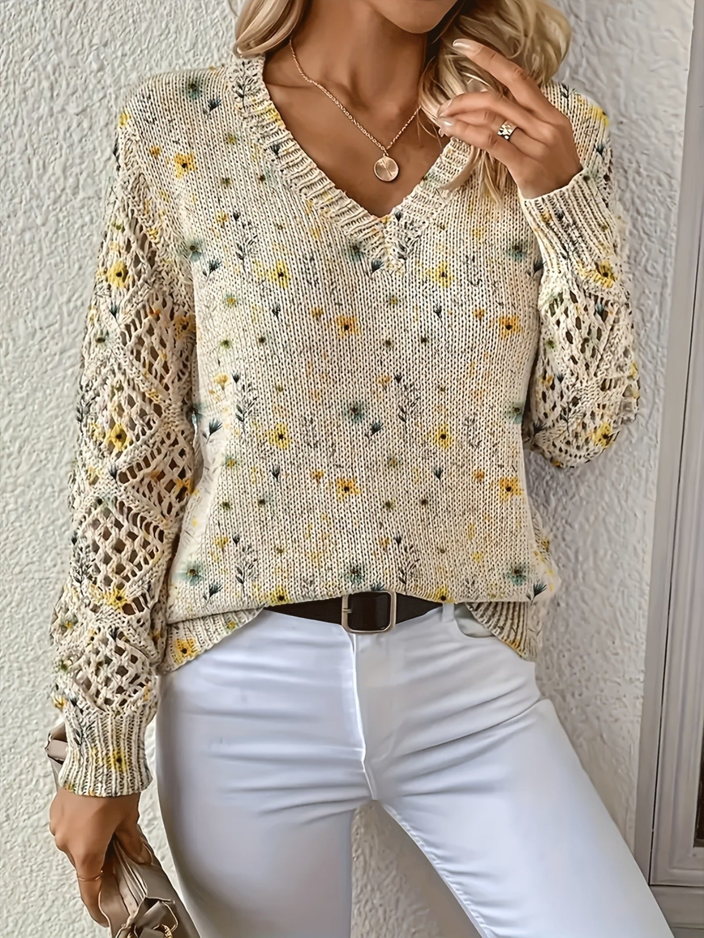 Elegant Bohemian Floral V-neck Long Sleeve Fashion Printed Sweater