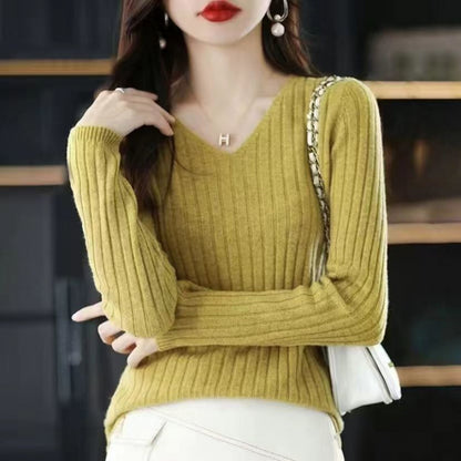Slim V-neck Pullover Long Sleeve Knitted Sweater