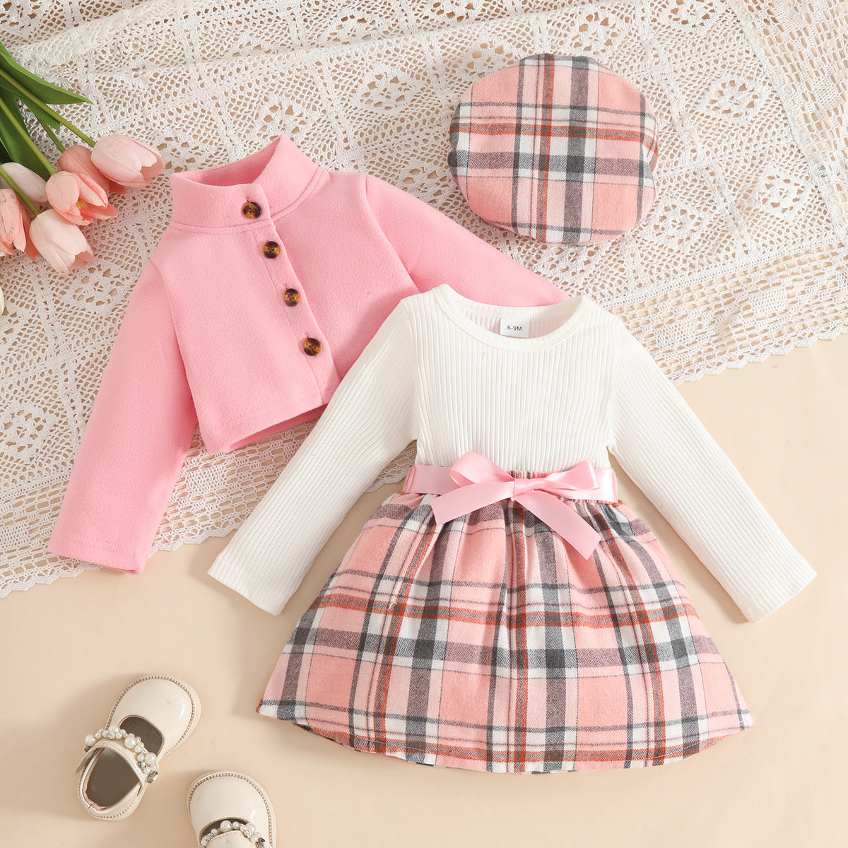 Baby Girl Long Sleeve Stand Collar Wool Coat Plaid Dress Beret Set