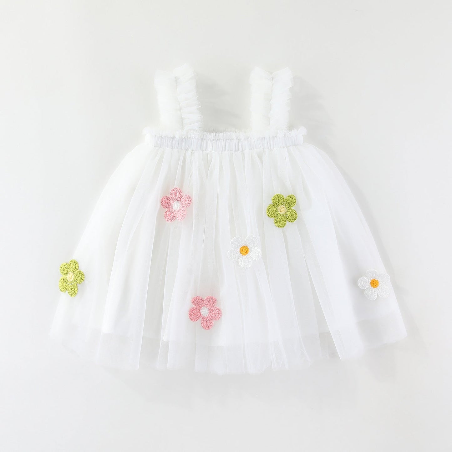 Girls Spaghetti Straps Chest Wrap Flower Embroidery Mesh Dress