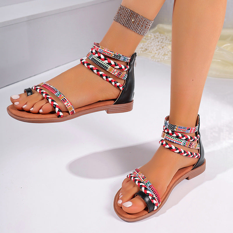 Ethnic Style Colorful Stitching Large Size Flat Bottom Sandals (Available)