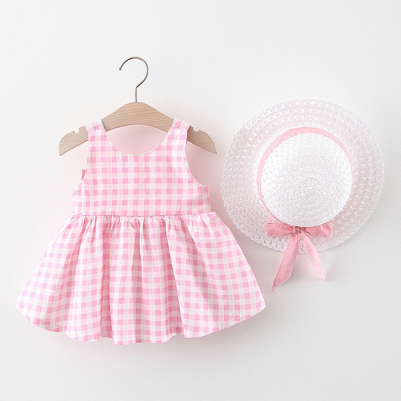 Baby Girl Plaid Skirt Fashion Girl Skirt Free Straw Hat ( Available )