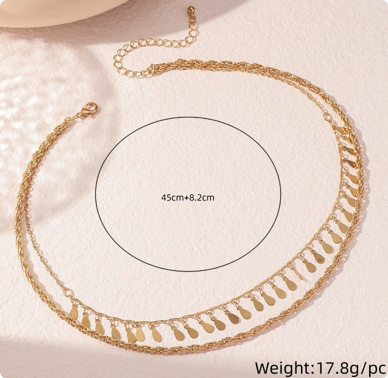 Multi-layer Braided Chain Disc Droplet-shaped Tassel Necklace