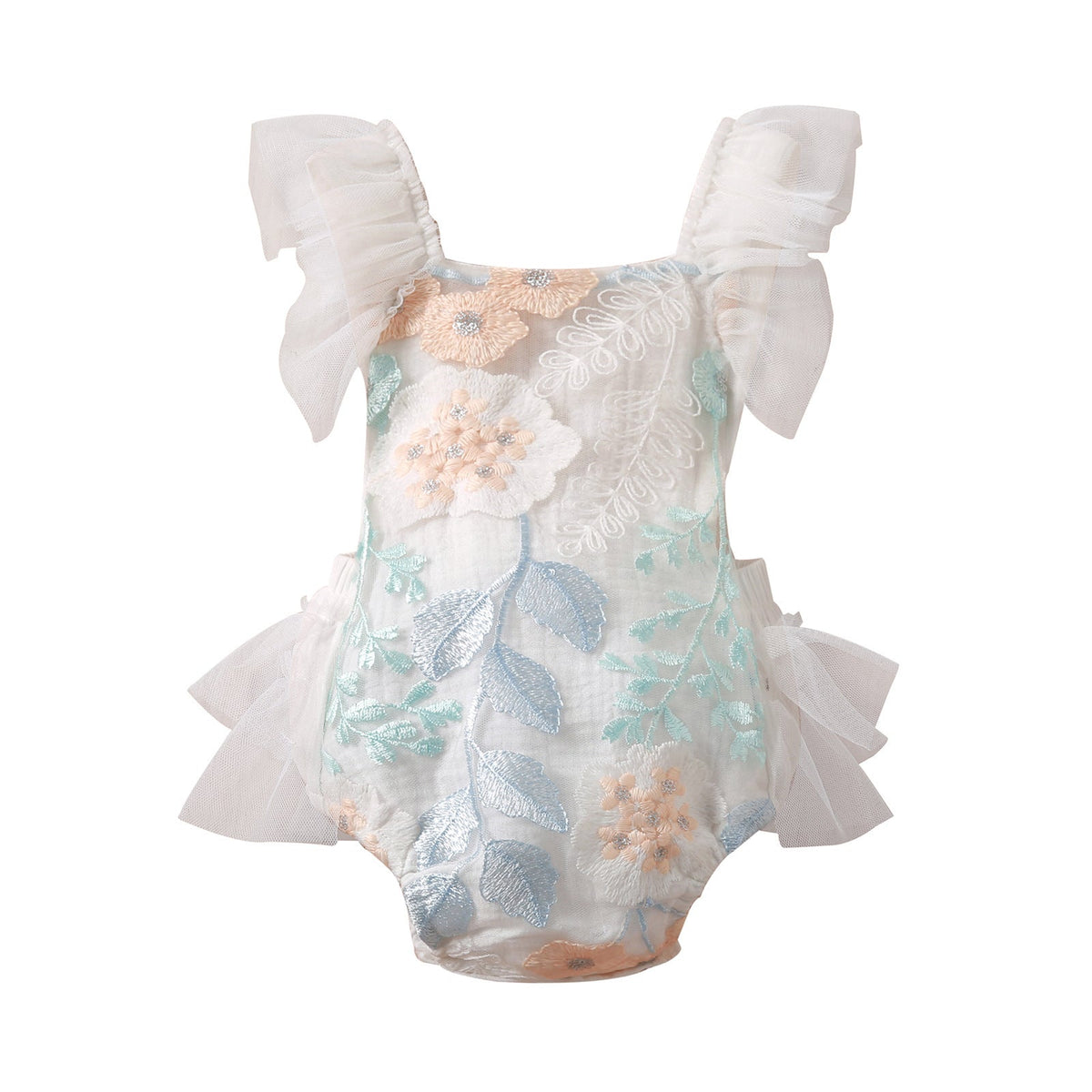 Baby Girl Romper Lace Sleeve Embroidered  Back Tulle Jumpsuit (Available)