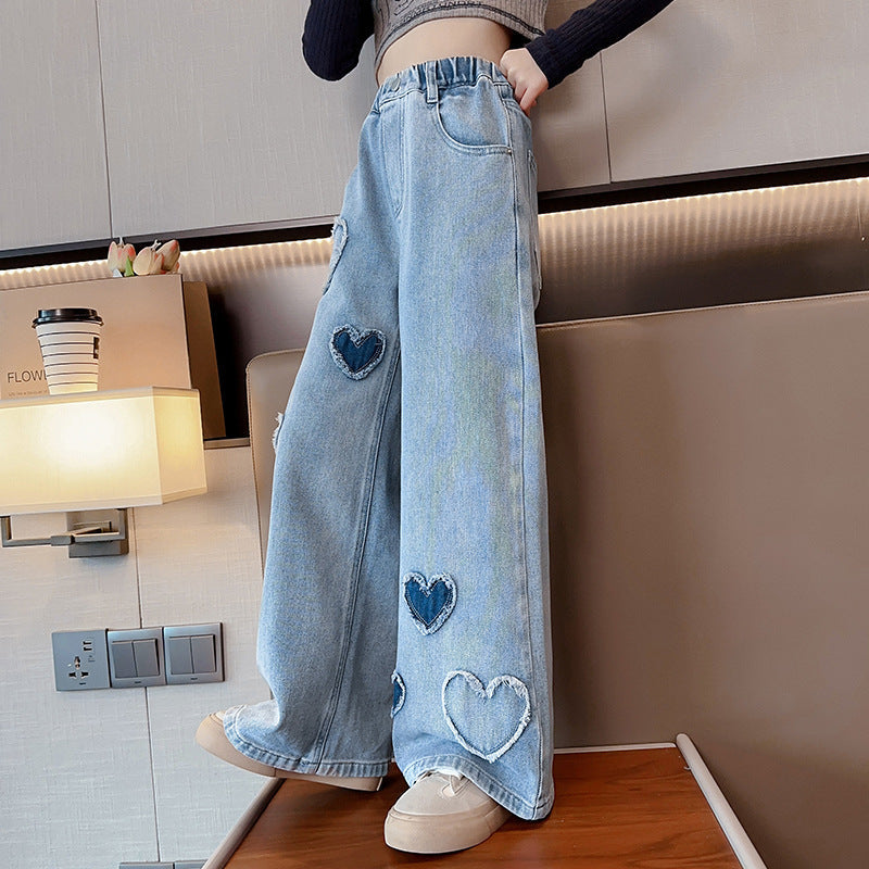 Girls' Love Raw Edge Denim Wide-leg Pants (Available)