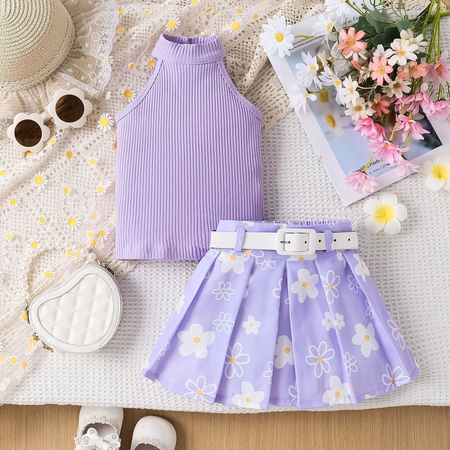 Girls' Pit Striped Halter Sleeveless Top Printed Pleated Skirt Belted Suit