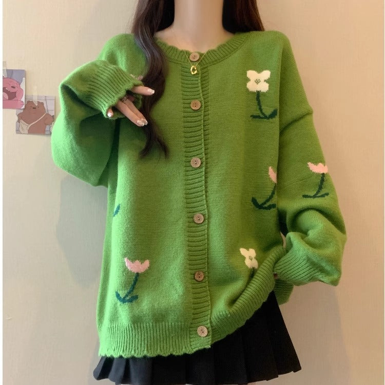 Idle Style Loose Youthful-looking Embroidered Flower Knitted Cardigan Sweater