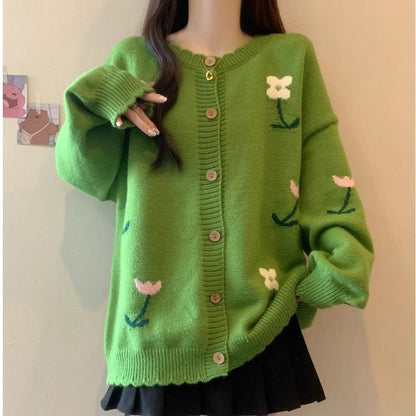 Idle Style Loose Youthful-looking Embroidered Flower Knitted Cardigan Sweater