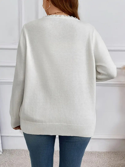 Solid Color Pearl Trim Long Sleeve Cardigan Plus Size Knitwear
