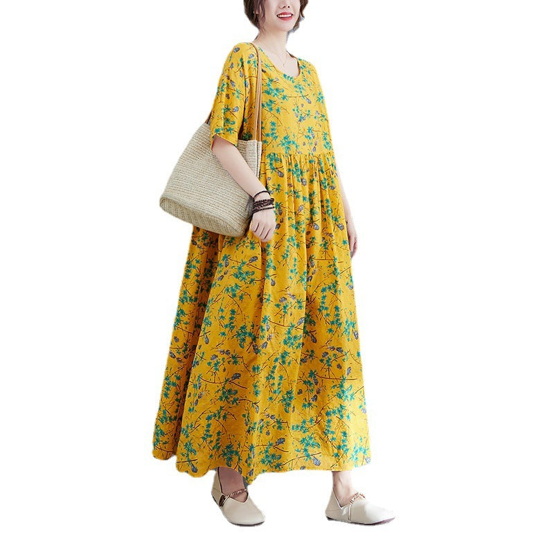 Artistic Large Size Loose Plump Girls Cotton And Linen Printed Short-sleeved Dress Women's Clothing