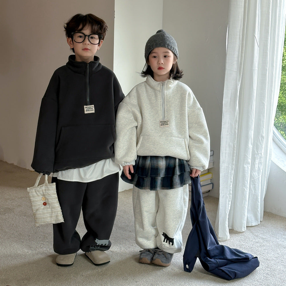 Winter Clothes For Boys And Girls Korean-style Labeling Half Zipper Two-piece Set